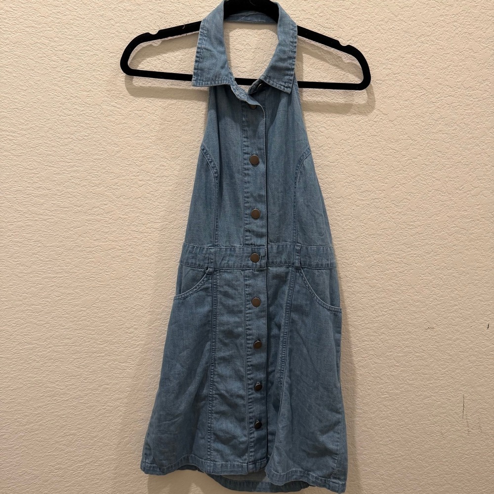 Free People Denim Halter Mini Dress Blue Button Front Open Back XS $108 MSRP